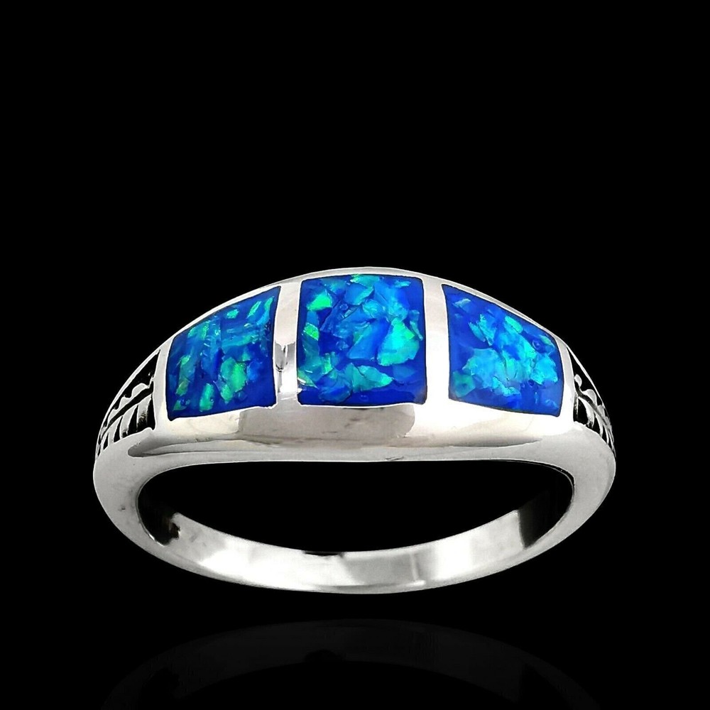 Three Stone Ring, Blue Opal, Size: 6.5, Band, Leaf
