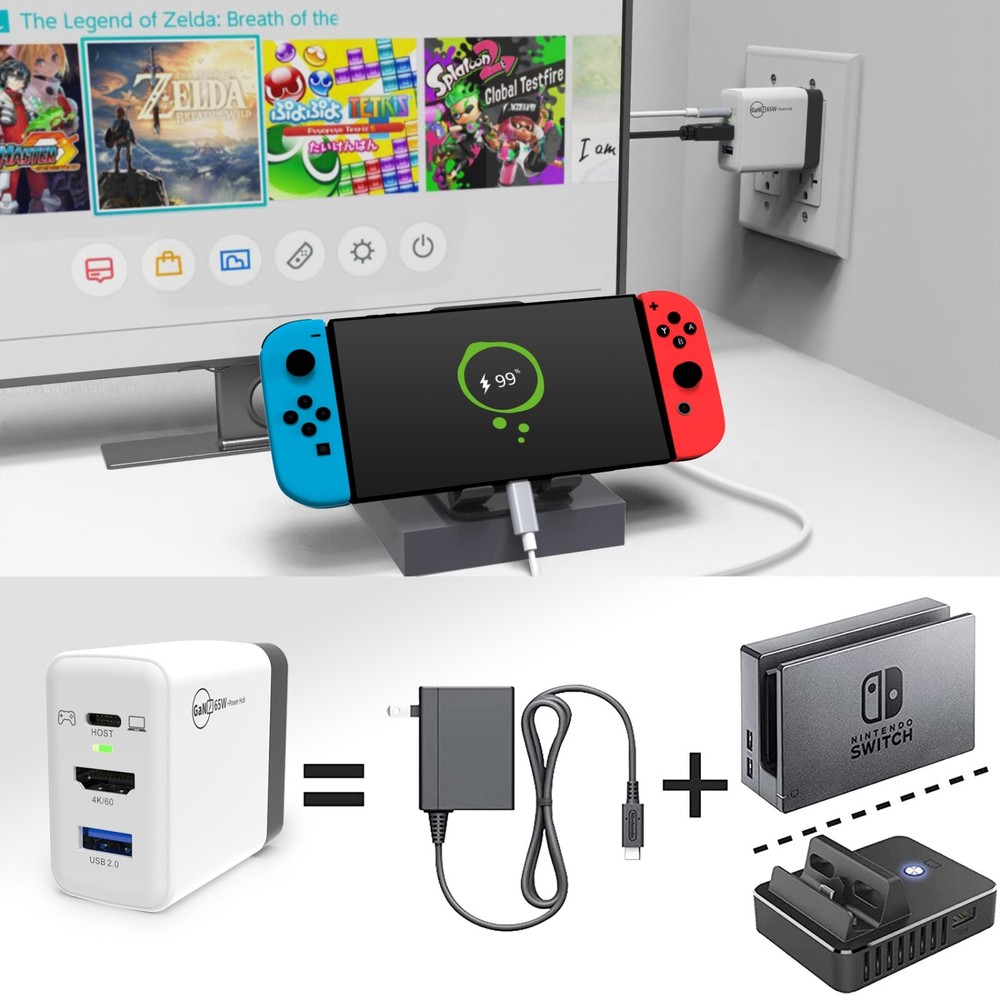 65W GaN Switch Dock Stations for Nintendo Switch Steam Deck Power Adapter Hub