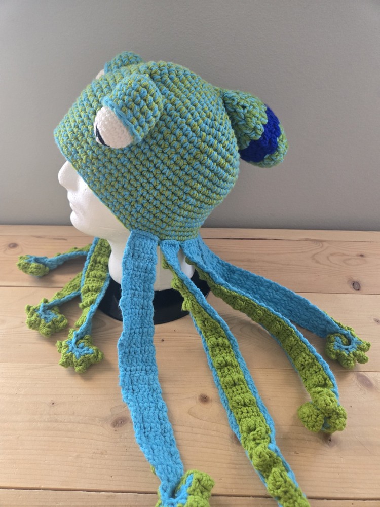Handmade Squid Octopus Tentacle Hat Crochet Green Blue