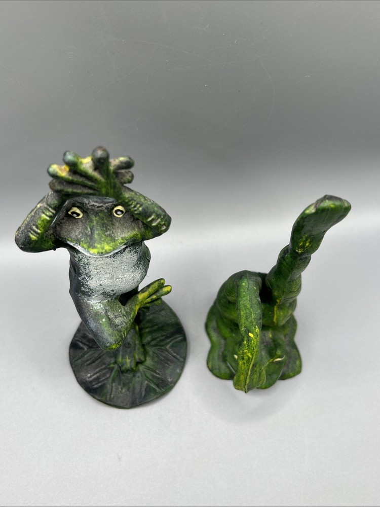 FUN Painted Cast Iron Frogs Doing Yoga 7-8” Tall