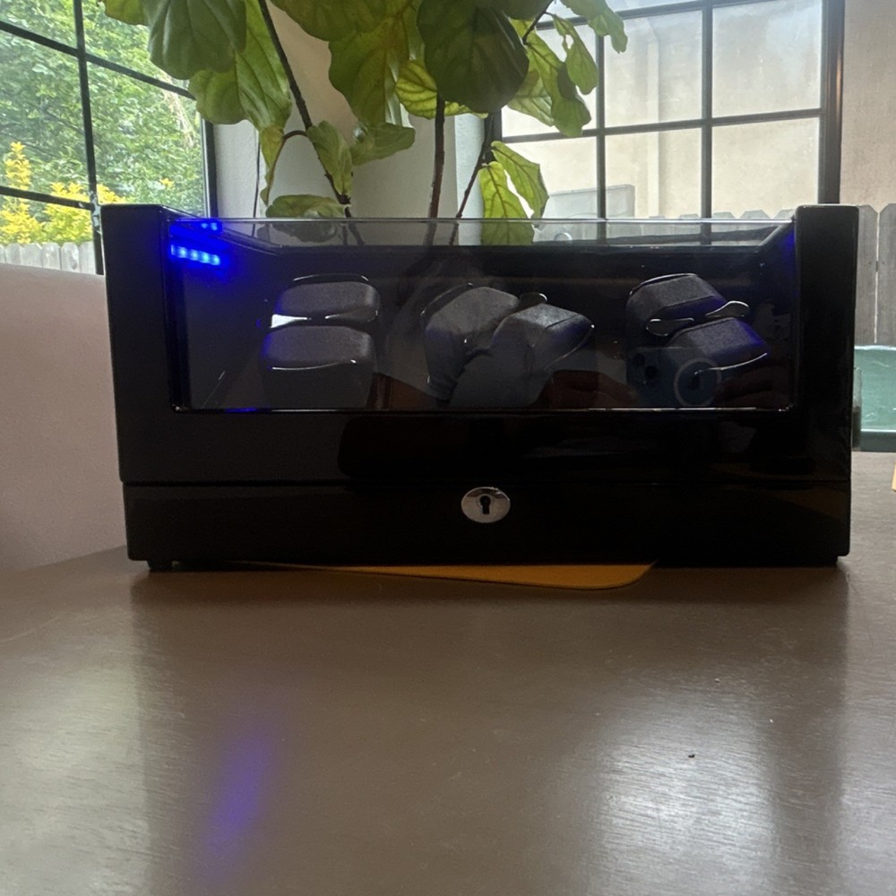 Black 6-Watch Winder Display Case Box with Blue LED Lights, Capacity 4-7