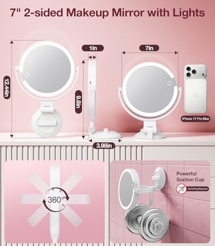 Suction Cup Magnifying Mirror with Light 10X, Wall Mounted Makeup Mirror White