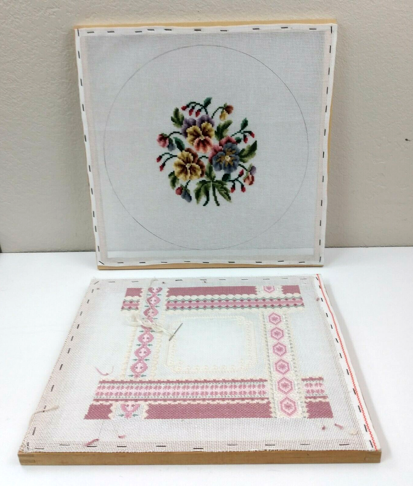 2 Needlepoint Flowers Pink w. Stretching Frame Unfinished