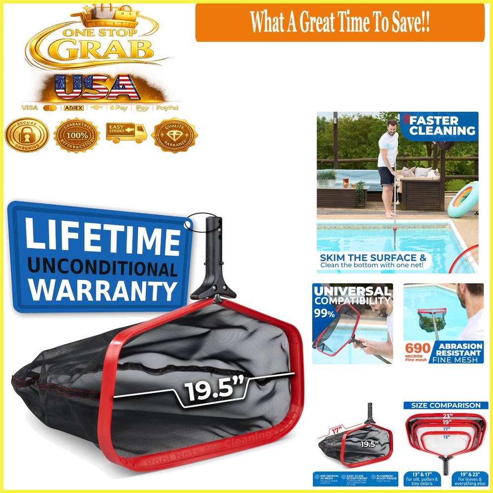 ProTuff 19" Pool Skimmer Net with Aluminum Handle & Deep Mesh Fast Cleaning