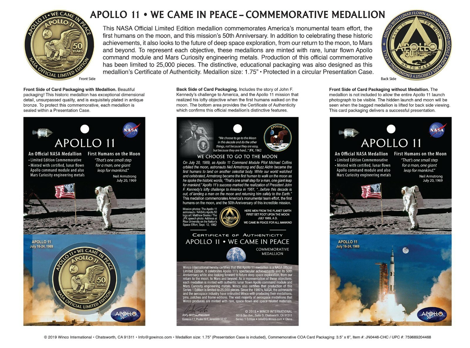 APOLLO 11 50th Anniversary-BACK TO THE MOON-LUNAR FLOWN METAL MEDALLION - W/COA