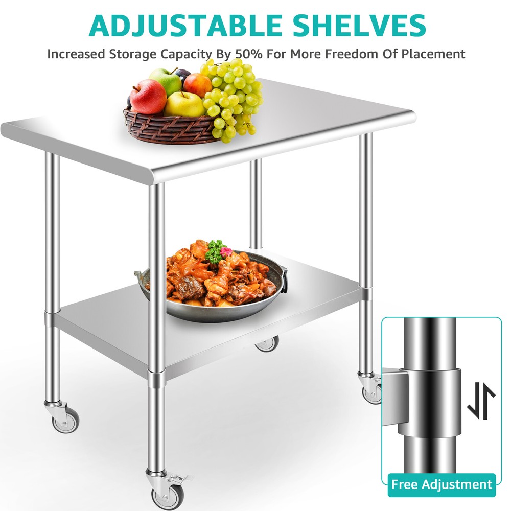 Stainless Steel Table 36'' x 24'' for Prep & Work with Wheel for Kitchen