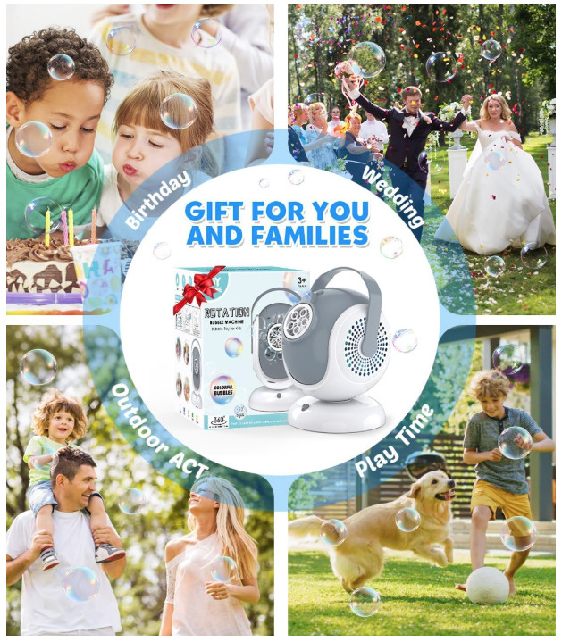 Bubble Machine - Automatic Bubbles Blower for Kids, Toddlers - 360° Oscillation