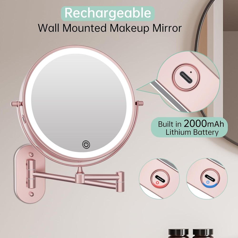 Rechargeable wall mounted illuminated vanity mirror 8 inch double sided