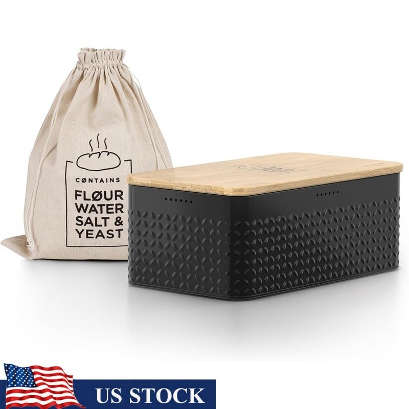 Minimalist Bread Bin W/ Bamboo Cutting Board Ventilated Storage Pastries New