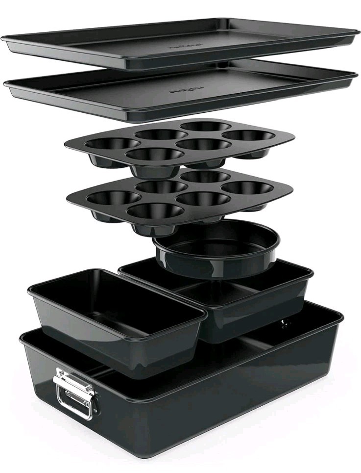 Nutrichef 8 Pc NCBKSTK3 Black Stackable Carbon Steel Bakeware Sets