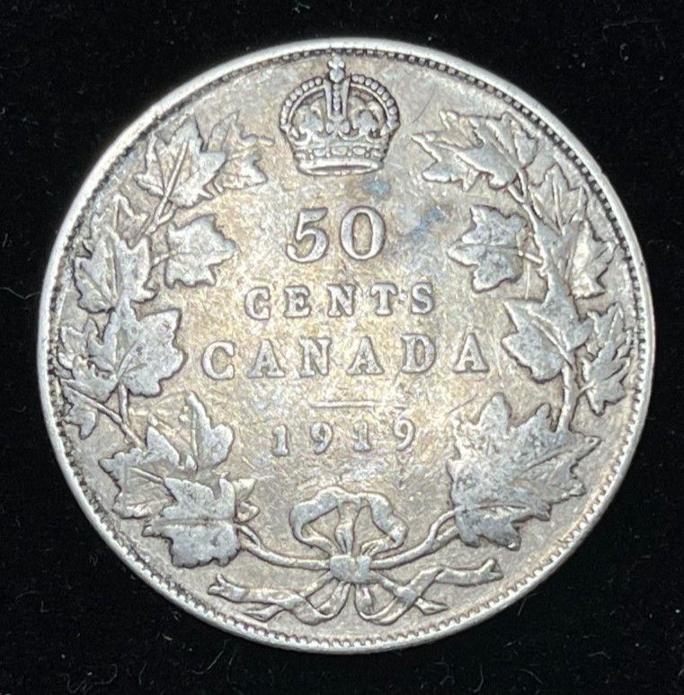 1919 Canada 50 Cents Silver Coin Graffiti "B"