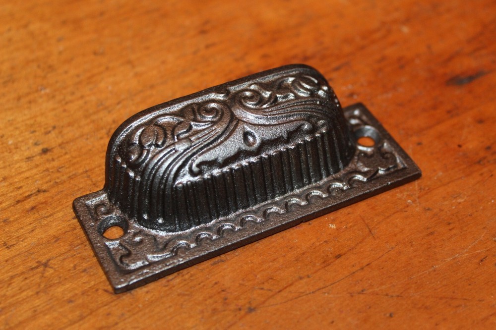 Restored Ornate Antique Victorian Cast Iron Bin Apothecary Cupboard Pull L-56