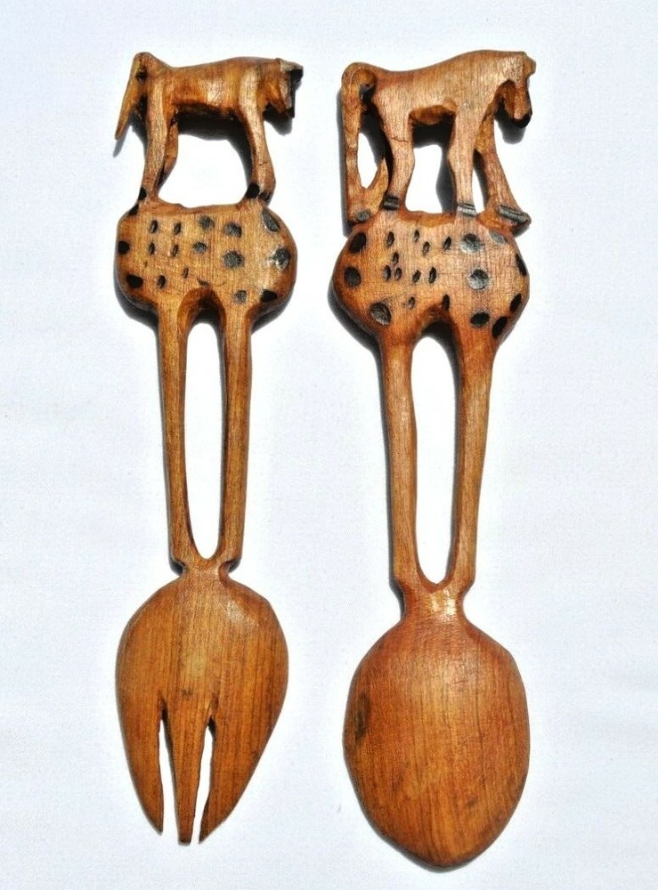 WOODEN CARVED MONKEY BABOON SALAD SERVERS FORK & SPOON NEW