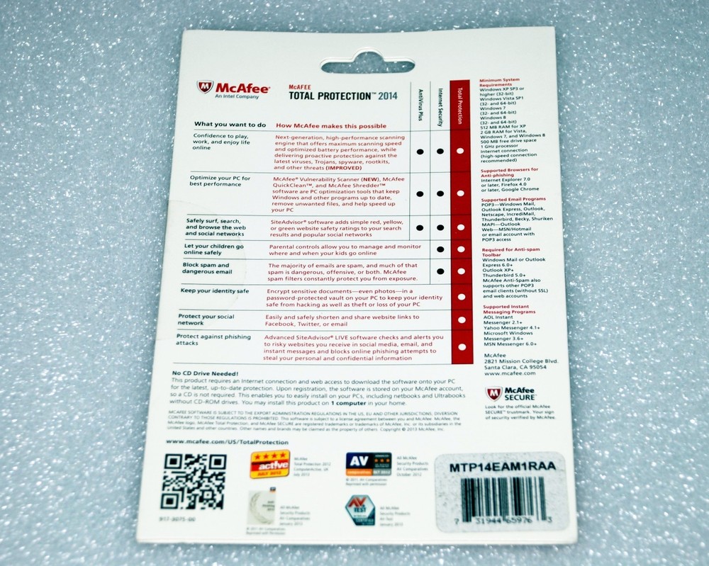 NEW McAfee Total Protection 2014 - 1 PC *NO CD Drive Needed* SEALED