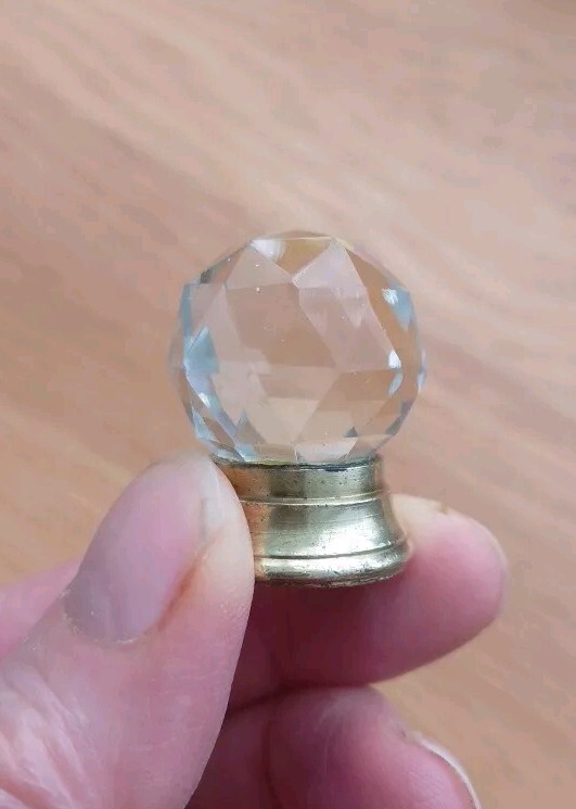 Vintage Pair Very Small Old Round Faceted Glass Pull Knobs Brass Base