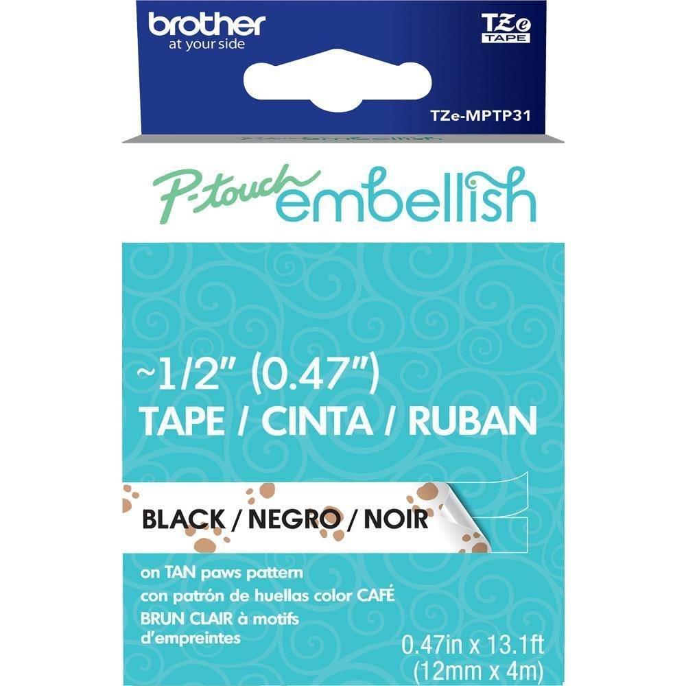 P-Touch Embellish Black Print on Tan Paws Pattern Tape
