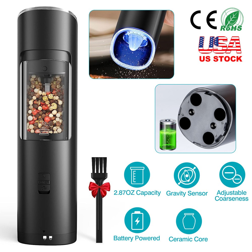 Automatic Gravity Electric Salt Pepper Grinder LED Set Adjustable Coarseness