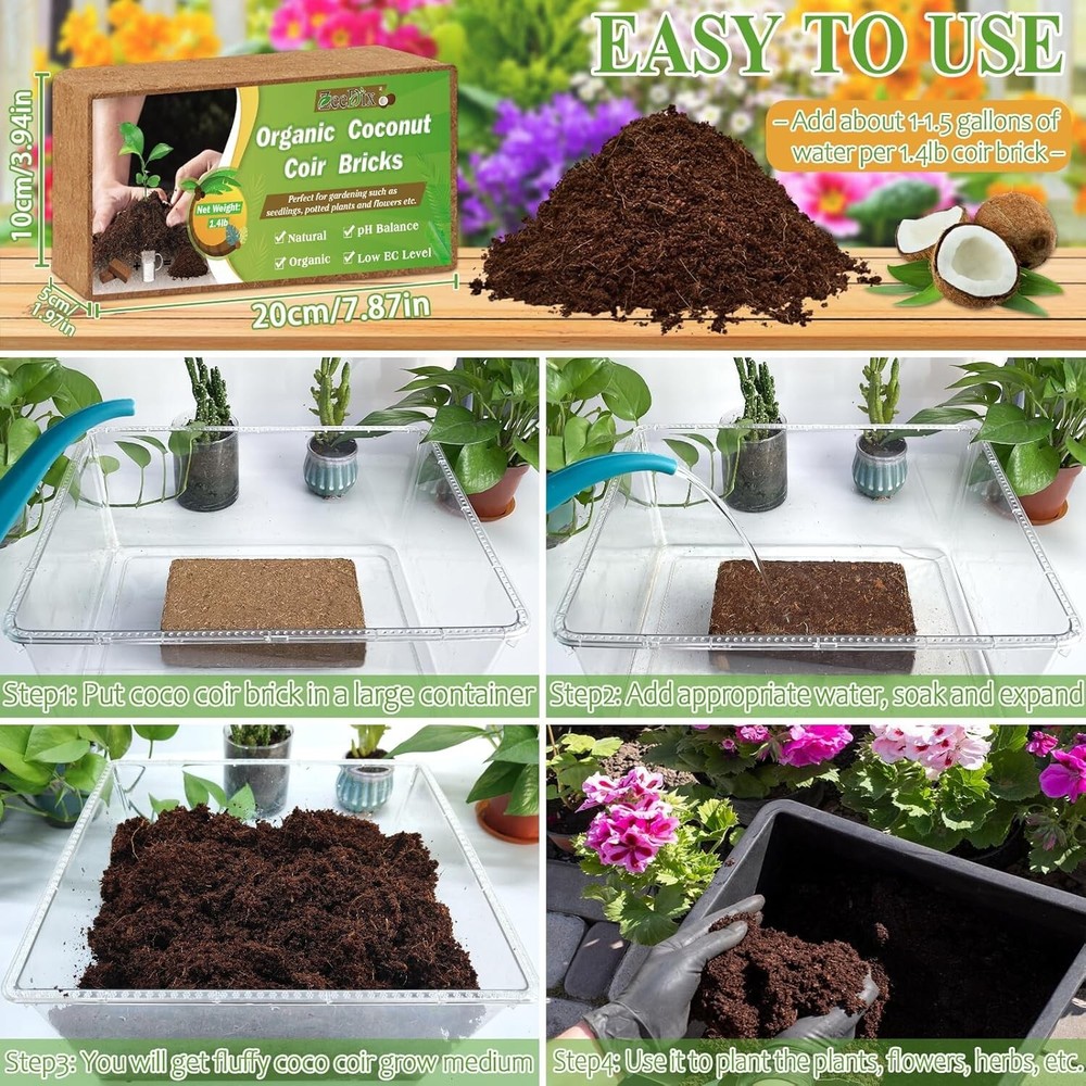 8 Organic Coco Coir Bricks - 100% Compressed Coconut Soil for Vibrant Gardens