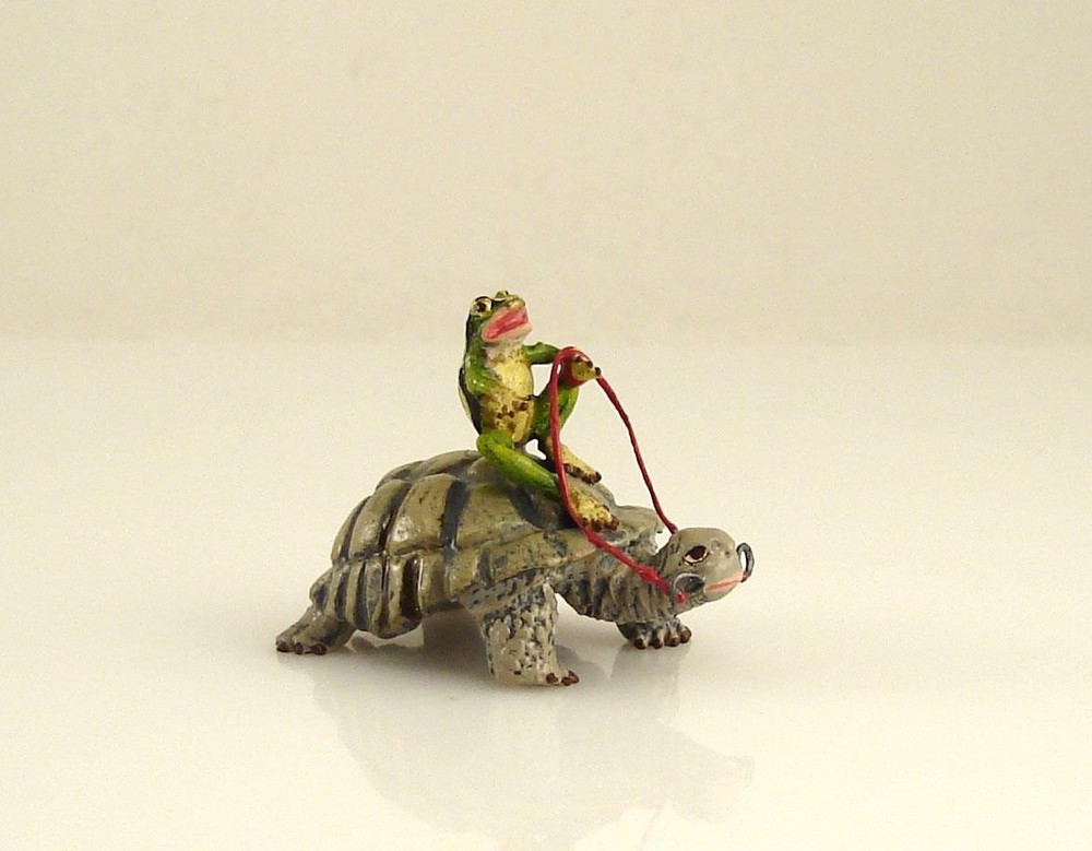 Vienna Bronze FROG Riding on a TURTLE Bermann Cold Painted Brass Handmade