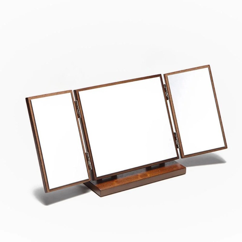 7.07" Handcarved Desktop Makeup Mirrors Foldable Three Sided Wooden Base Mirror