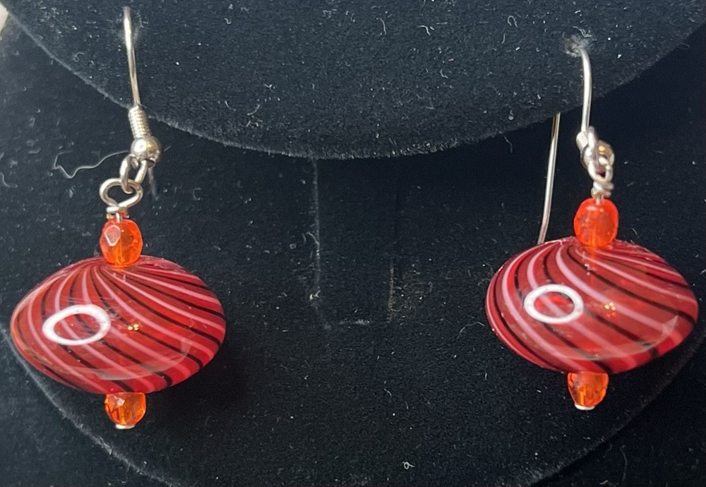 Red Cherry Blown Glass Swirl Earrings Dangle Drop 2”