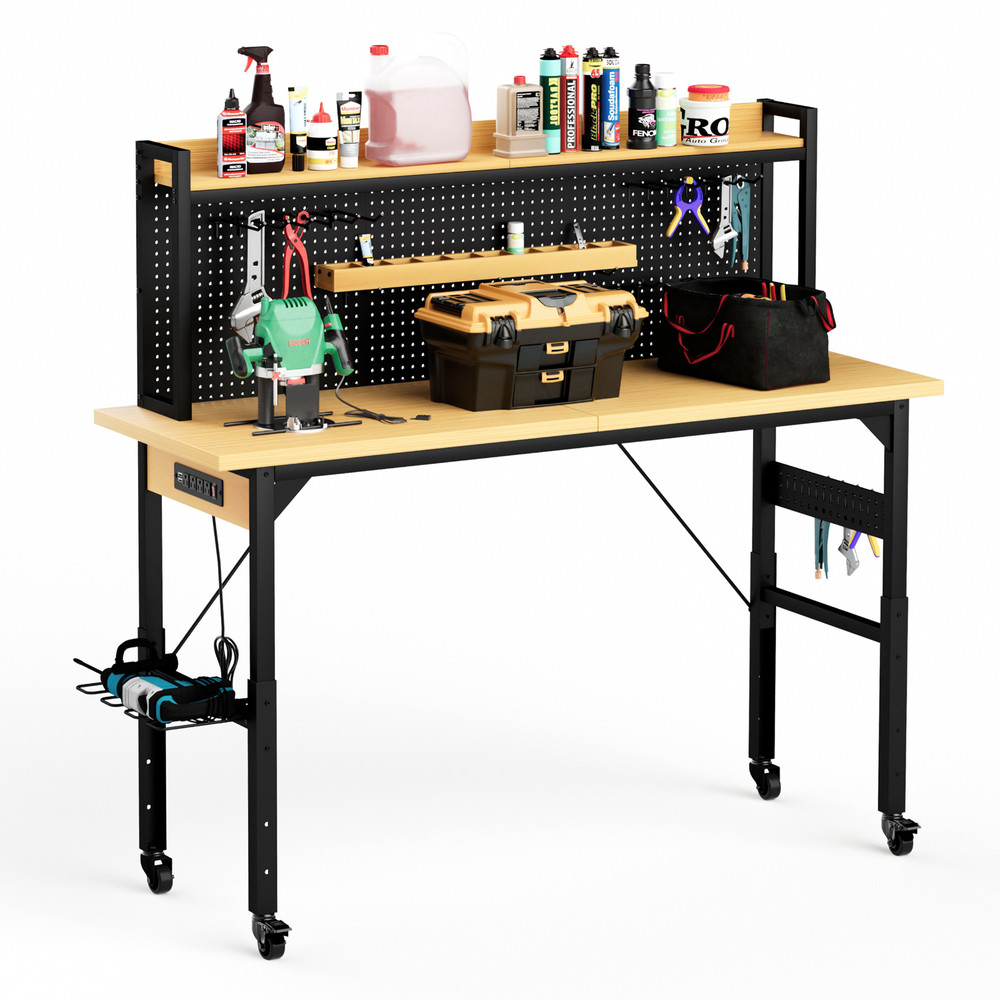71''Adjustable Workbench with pegboard, Heavy Duty Wooden Desktop Workbench