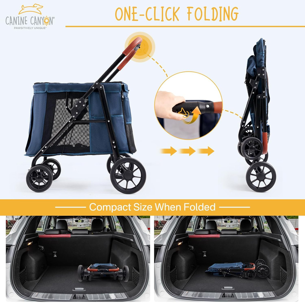 Upgraded 4 Wheels Pet Stroller for Small/Medium Dogs- One Button Fold, Adjustabl