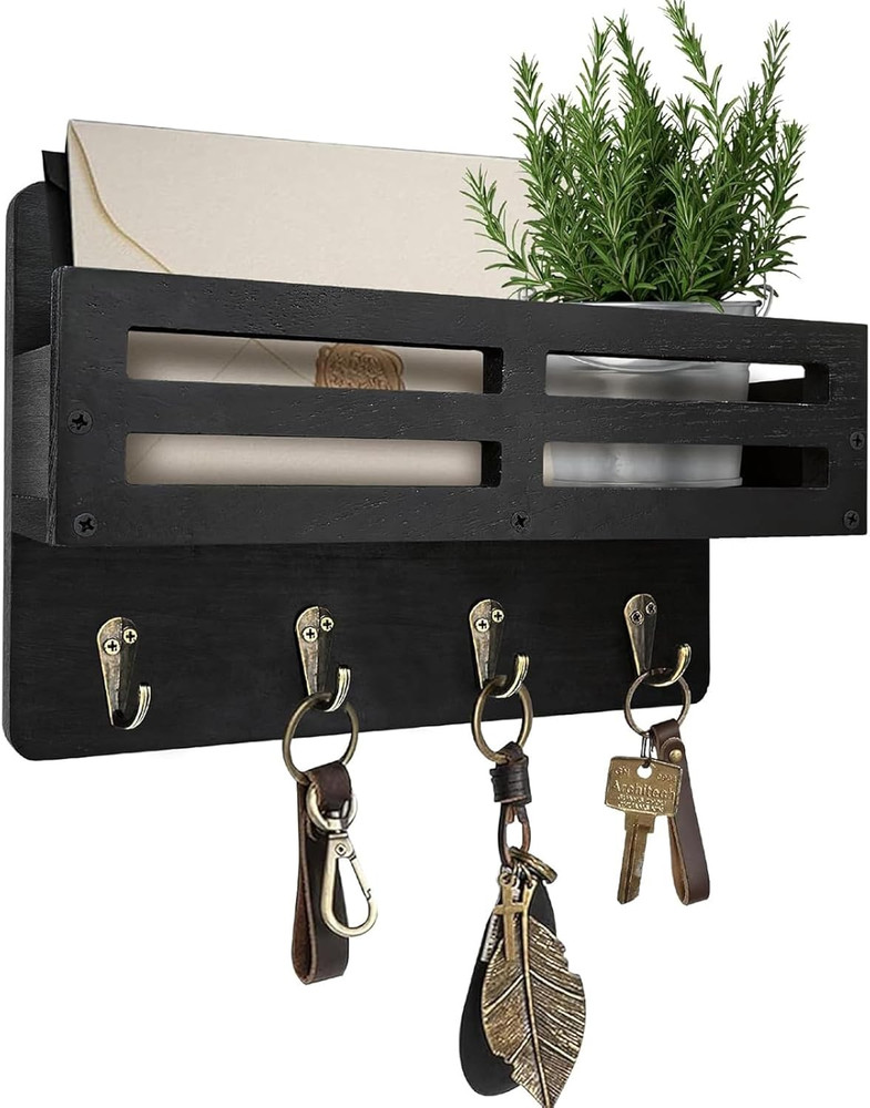 Wall Mount Key Holder with 4 Hooks and Mail Organizer, Rustic Design