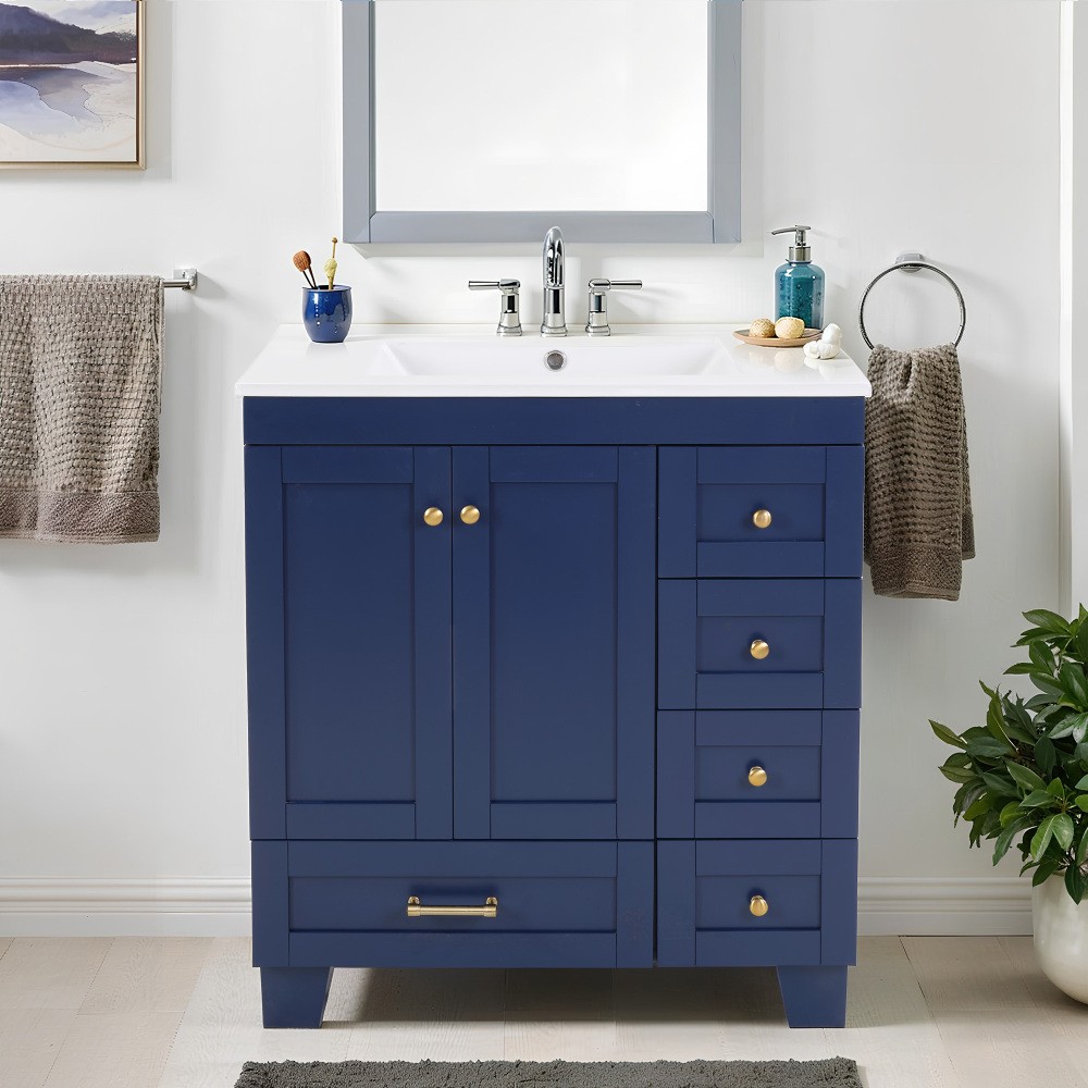 30" Blue Bathroom Vanity w/Ceramic Sink,Soft Close Drawers, Solid Wood Frame