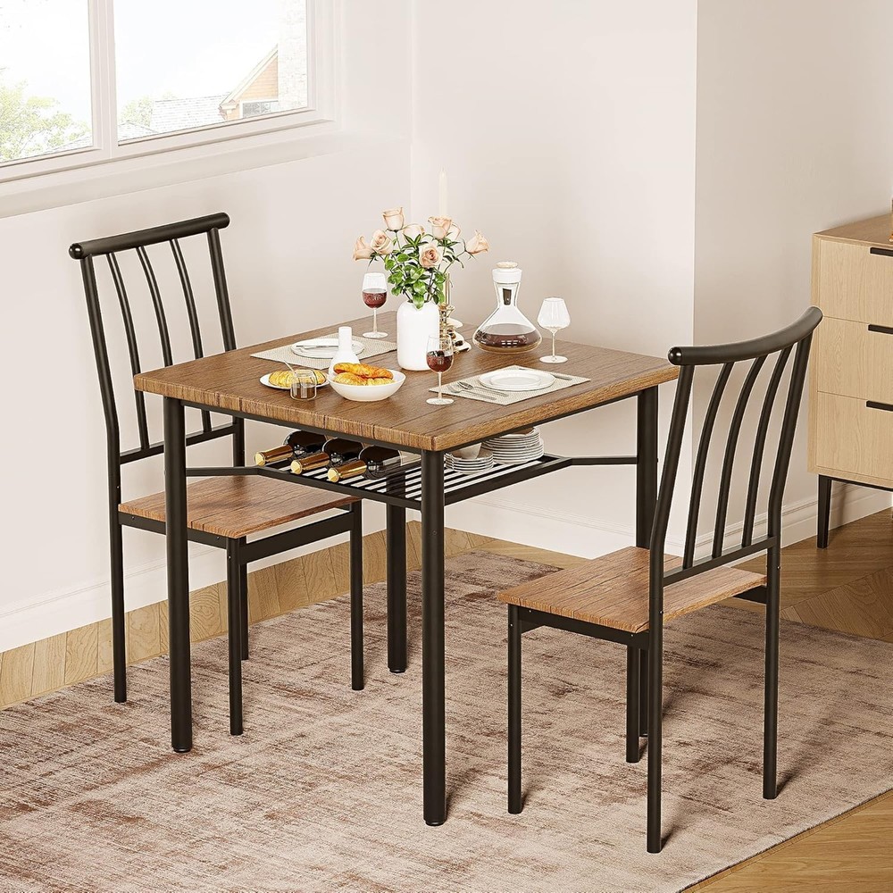 Dining Table Set for 2,3-Piece Kitchen Set w 2 Chairs&Wine Rack for Small Spaces