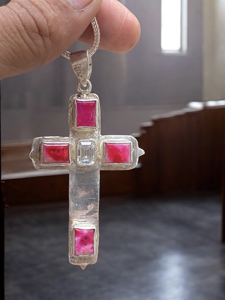 Fluorescent Tugtupite & Diamond Cross Pendant