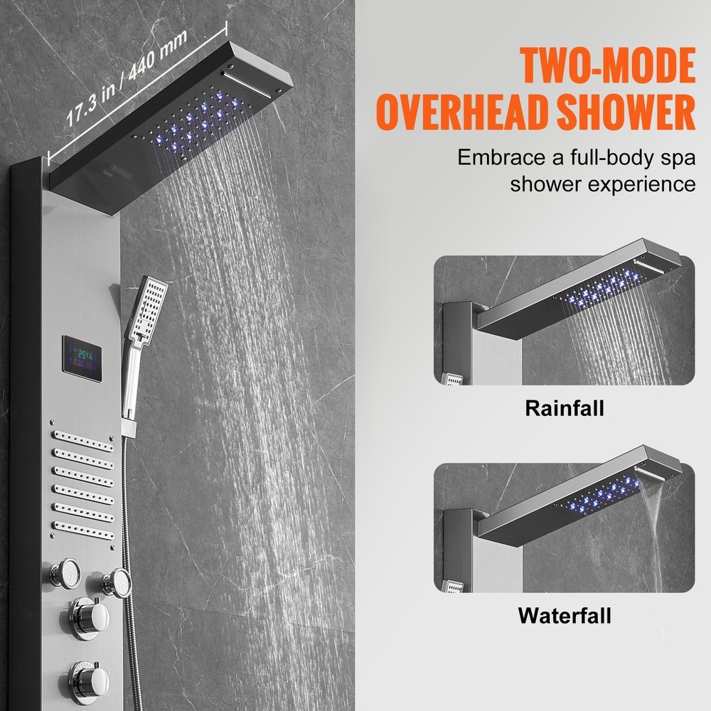 6-Mode Shower Panel with LED, Rainfall, 5 Jets, Handheld, Stainless Steel