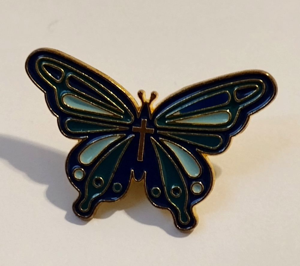 Multicolor Butterfly Religious Cross Lapel Pin
