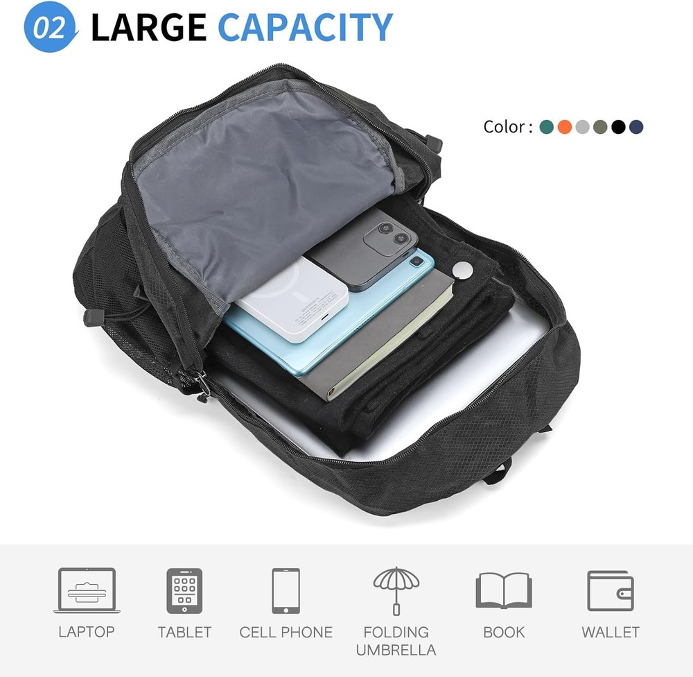 Hiking Daypack Packable, Camping Backpack Water Resistant Lightweight Polyester