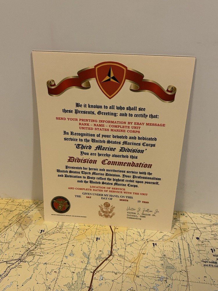 U.S.M.C. / THIRD MARINE DIVISION ~ DIVISION COMMENDATION REPLACEMENT CERTIFICATE