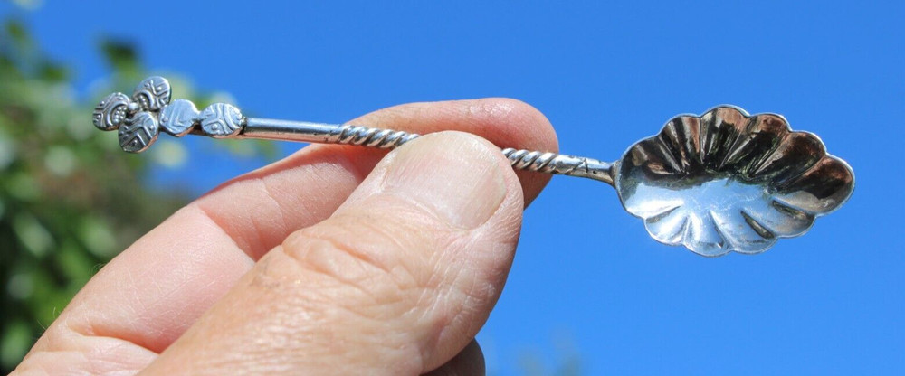 Antique Silver Berry Spoon w/Twisted Handle Shell Shape-#B2