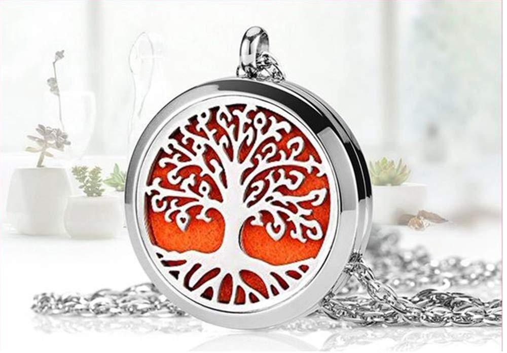 Aromatherapy Essential Oil Diffuser Necklace Tree of Life Pattern, 24" Silver