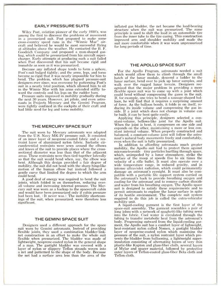 NASA Facts - Space Suit Packet (Public Affairs Office Papers) MSC Command