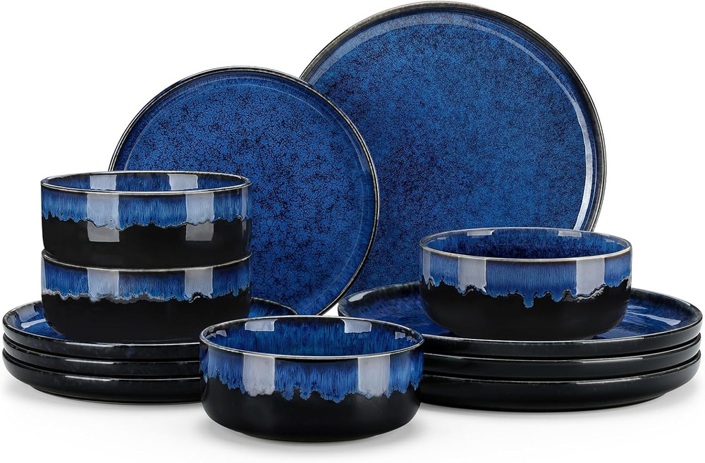 Starry 12 Pieces Dinnerware Sets for 4, Blue Reactive Glaze Dishes Sets, Ceramic