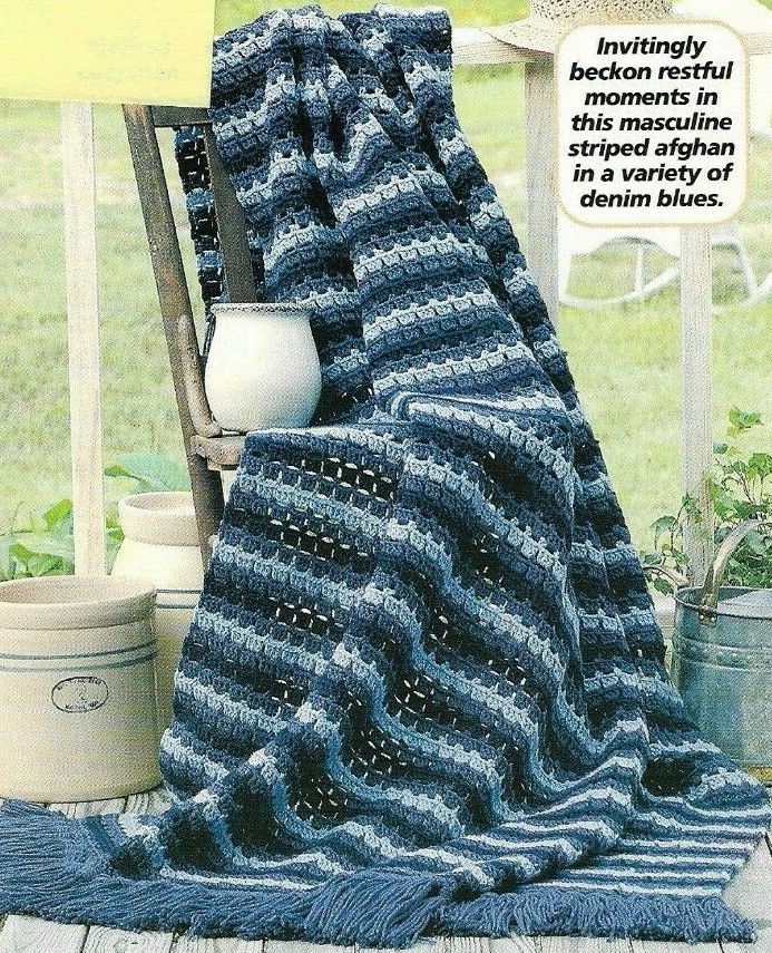 DENIM STRIPES AFGHAN HOME DECOR DIGEST SIZE CROCHET PATTERN INSTRUCTIONS