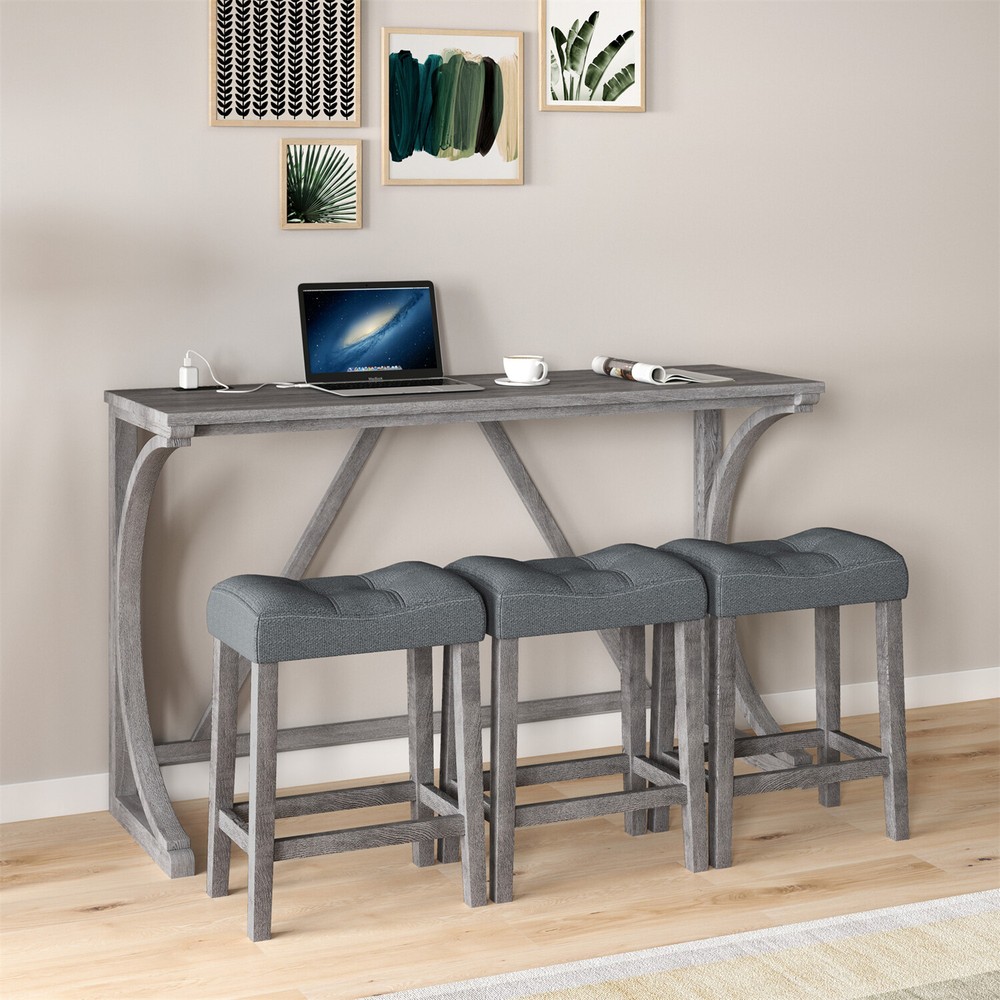 4 Piece Bar Table Set Counter Height Kitchen Dining Table with 3 Bar Stools
