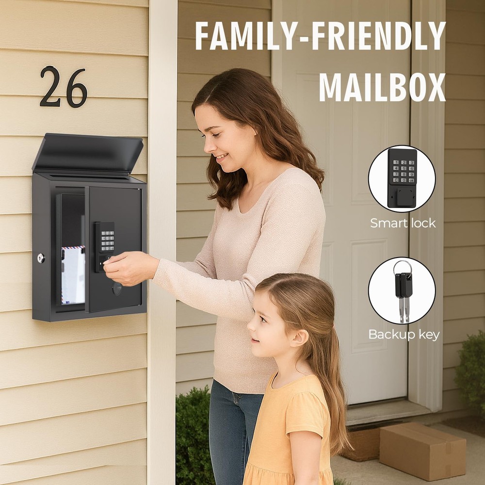 DiDiHere Mailbox with Electronic Lock, Locking Mail Boxes for House, Black