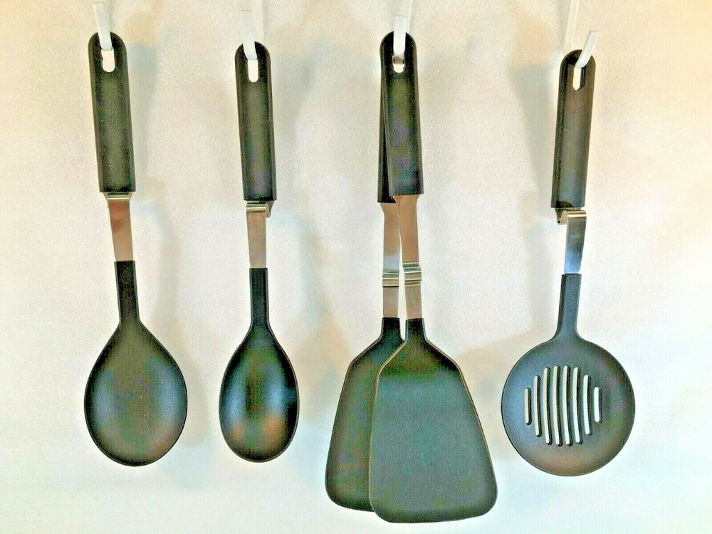 5 Piece Non-Stick Utensils W/Rubber Grip Handles & Hook Rests