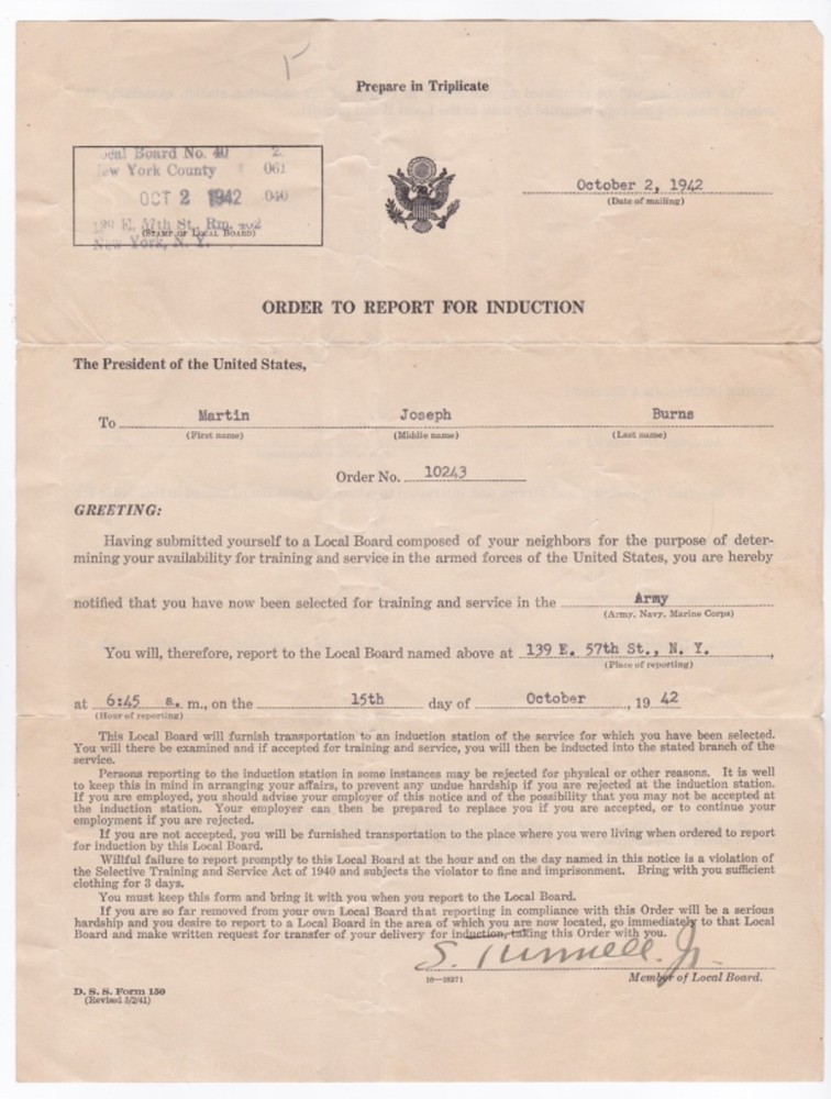 1942 WWII Army Induction Order (NYC)