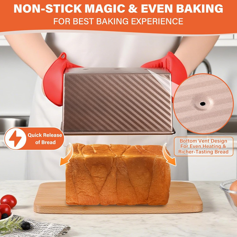 2 Pack Pullman Loaf Pans Lids Corrugated Nonstick Carbon Steel Bread Pan
