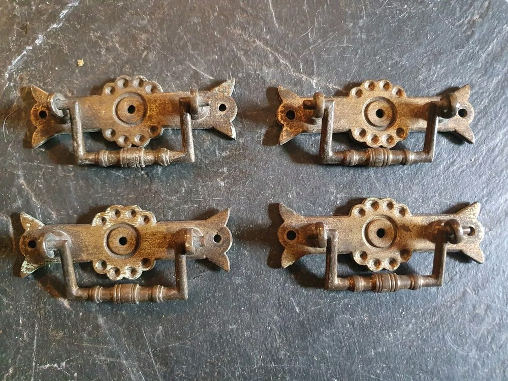 4 Antique Arts & Crafts solid brass pull Handles 8.5cms wide Aesthetic Original