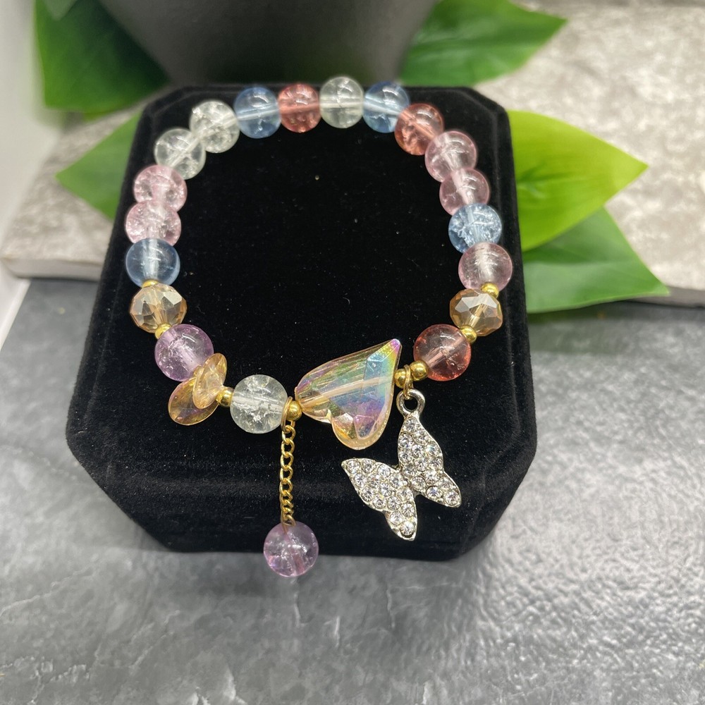 Handmade Beaded Stackable 6.5” Plus Stretch Bracelet New Butterfly Heart A1674