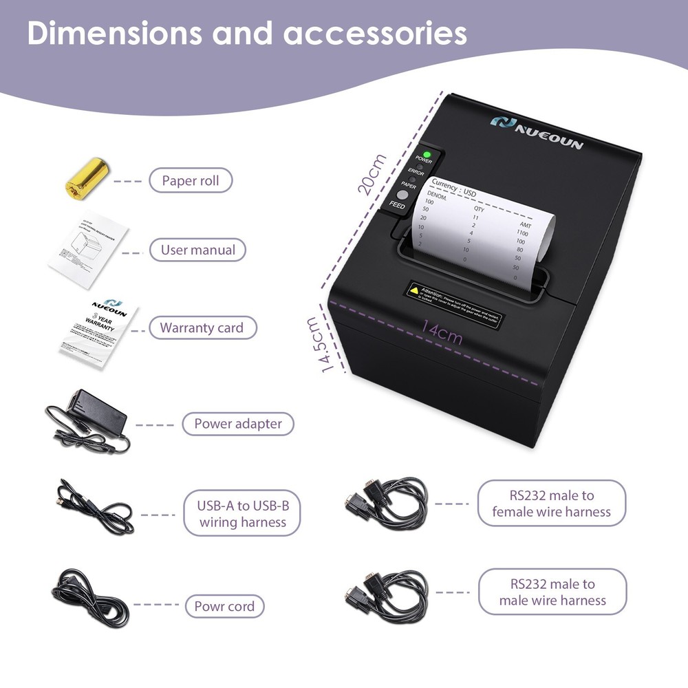 Thermal Receipt Printer 80mm POS Label Printer Serial USB Network Interface
