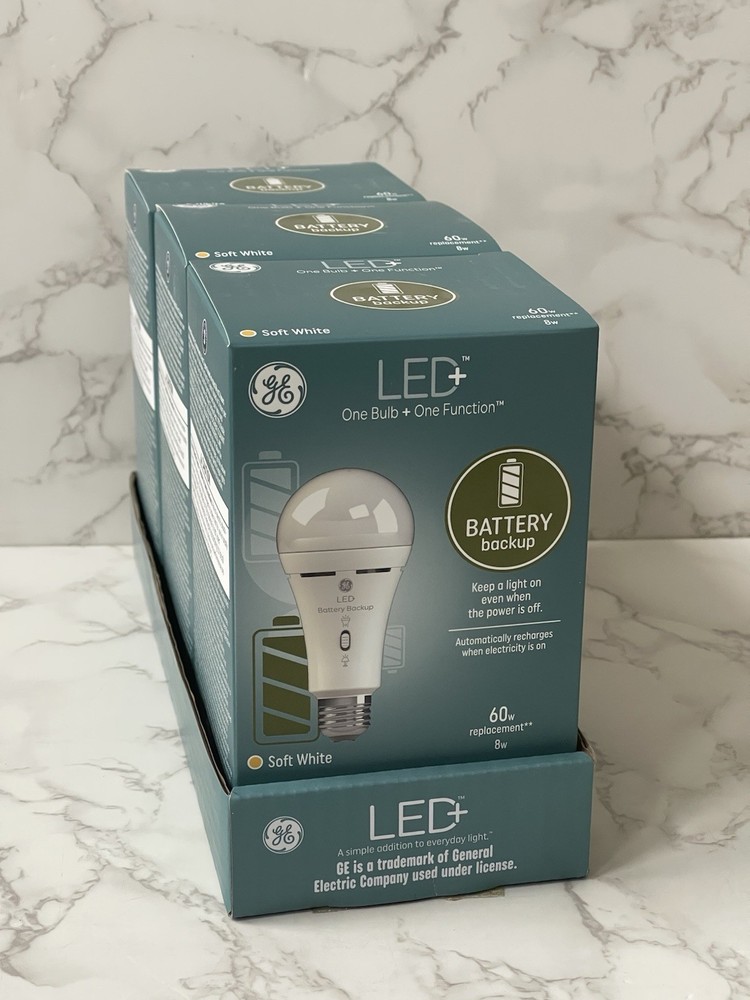 Lot of 3 GE 60 Watt LED+ One Bulb One Function Battery Backup Light Bulb New