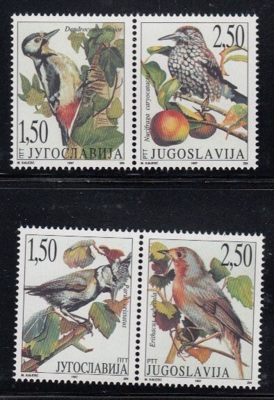YUGOSLAVIA Woodpecker, Nutcracker, Crested Tit & Robin MNH set